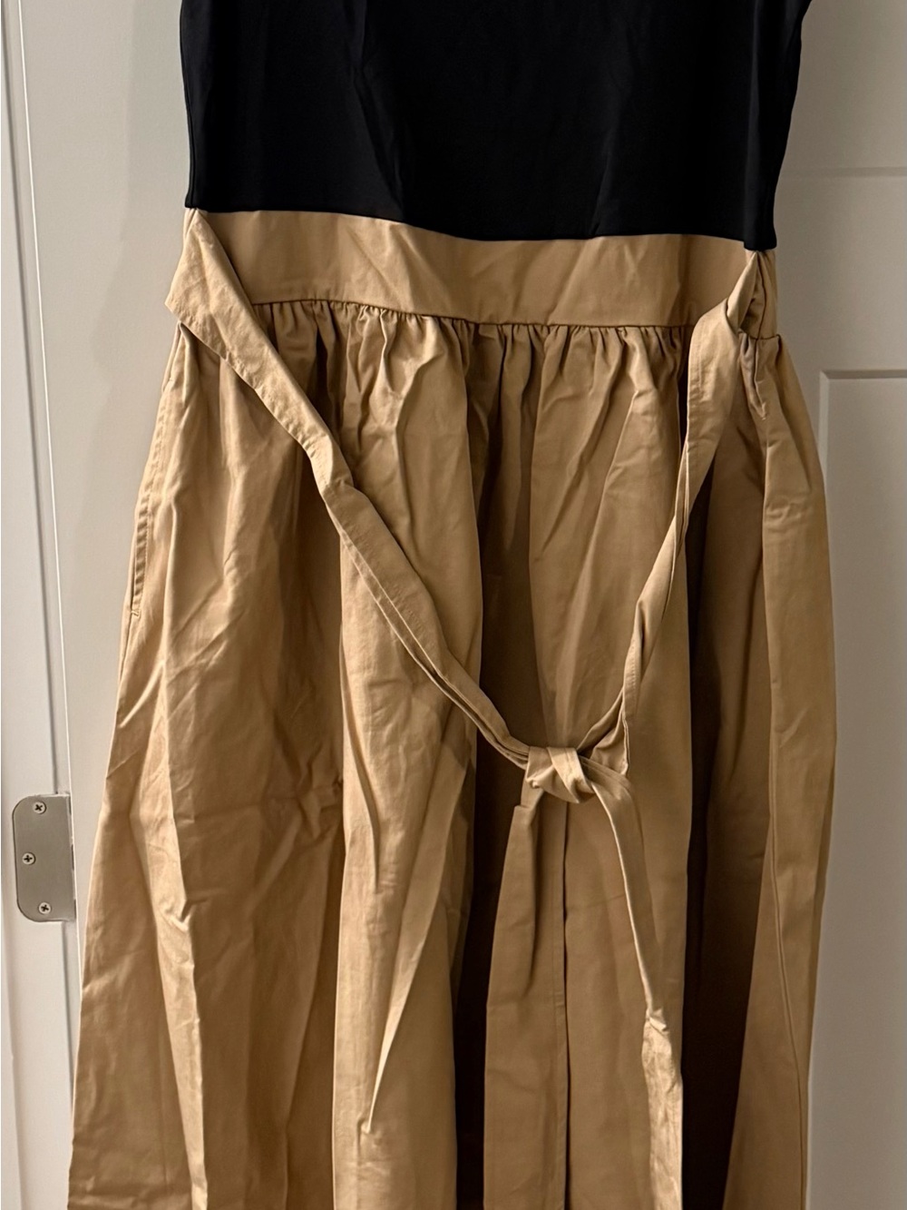 LOFT Black and Tan Colorblock A-Line Dress with Tie Waist